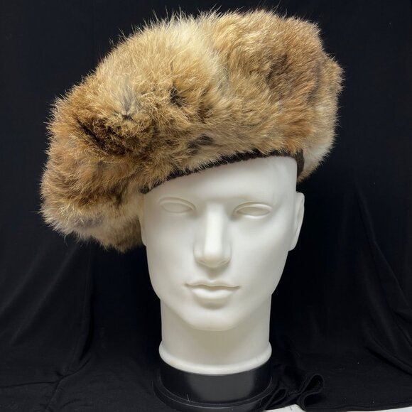 Rabbit Fur Winter Hat Beret Brown /‎ Beige Rib Knit  Money Glam 7 1/8 or Medium - Picture 2 of 8